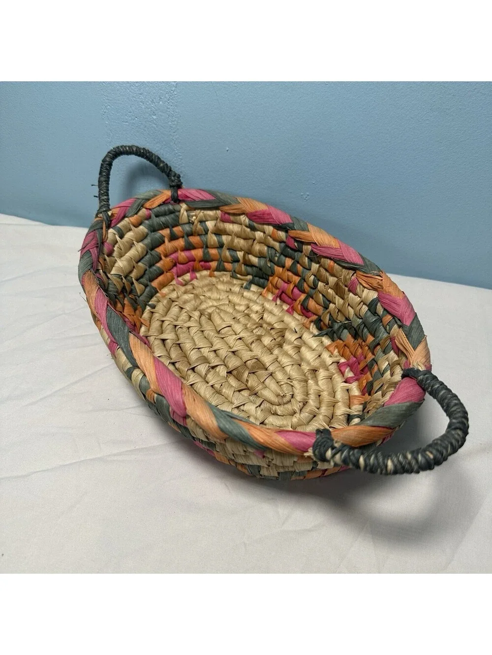 Vintage Hand Woven Oval Seagrass Basket Bowl Boho Two Handles Pink Teal Orange